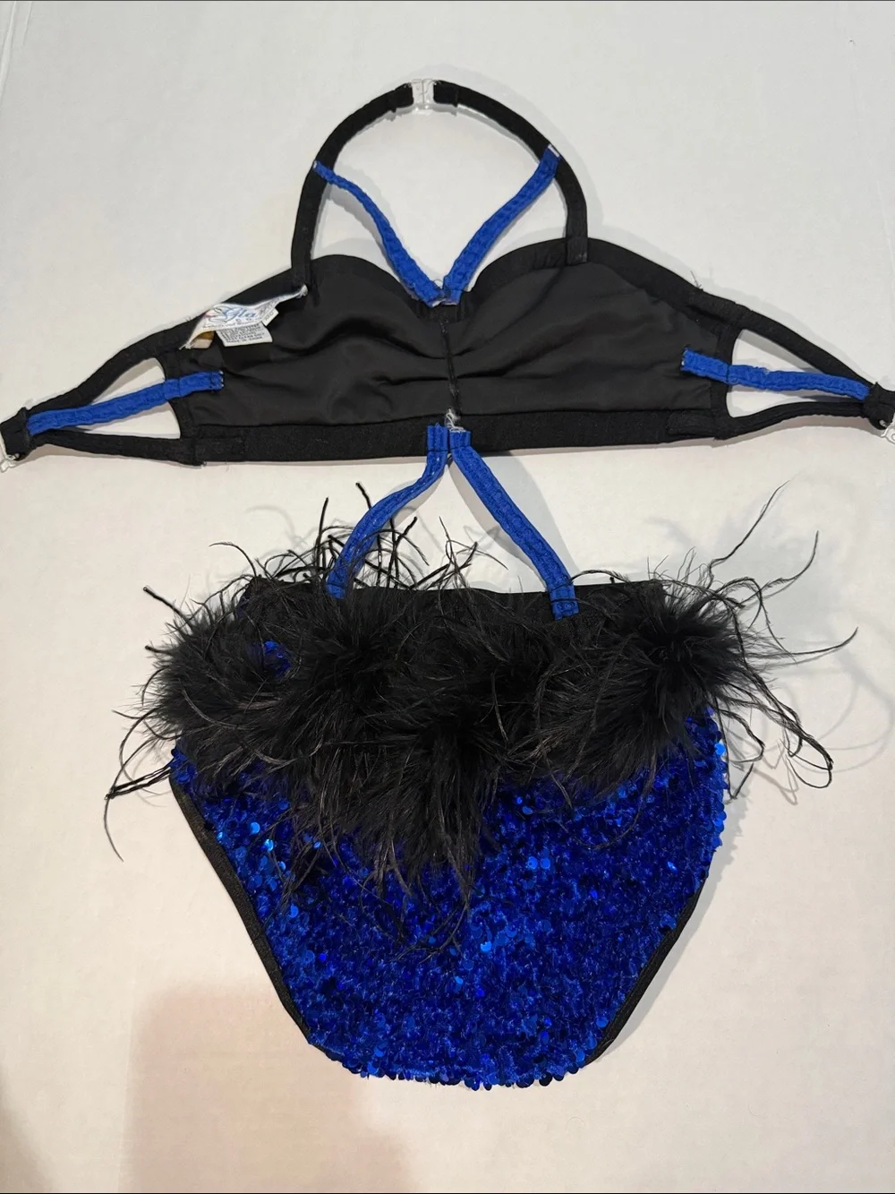 Glamour Costumes Girls M Blue Sequin Dance Costume with Feather Trim